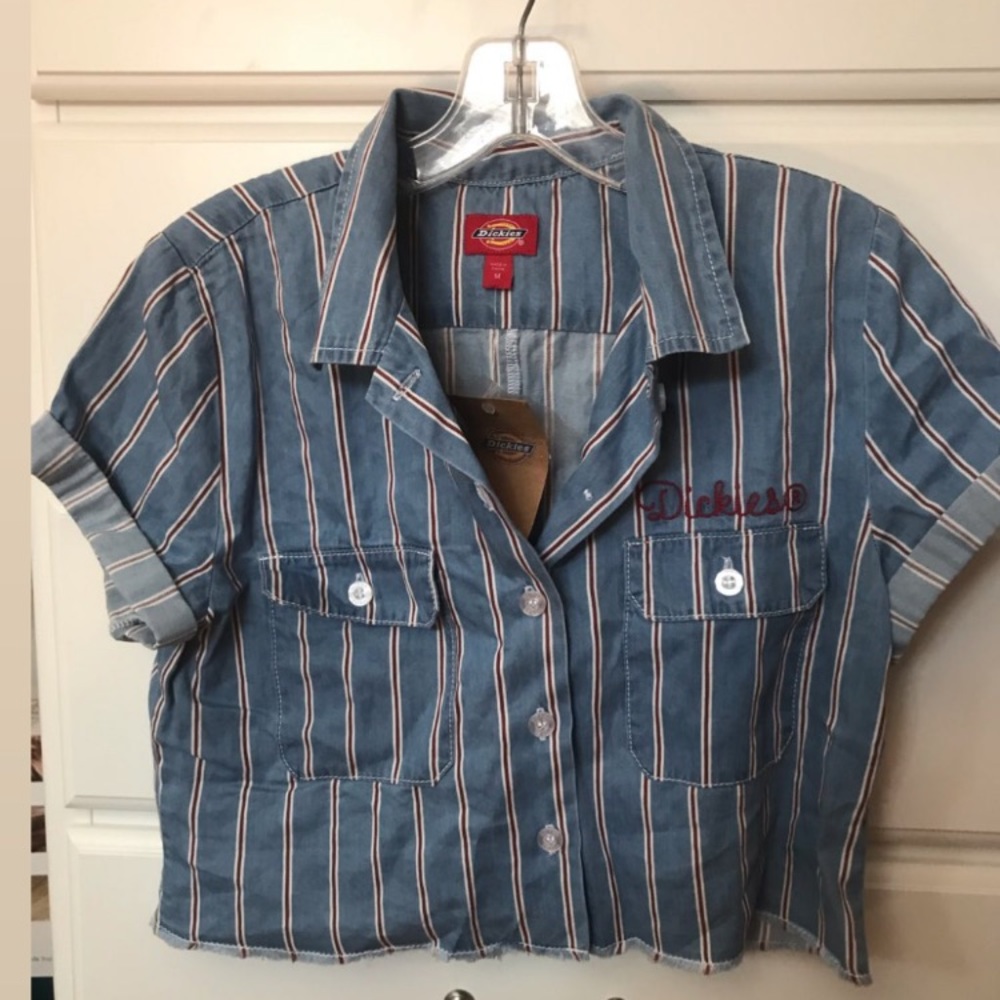 Blue and white striped denim crop top